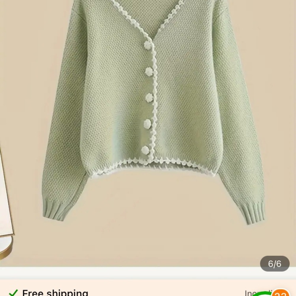Green V-Neck Cardigan Sweater with White Trim